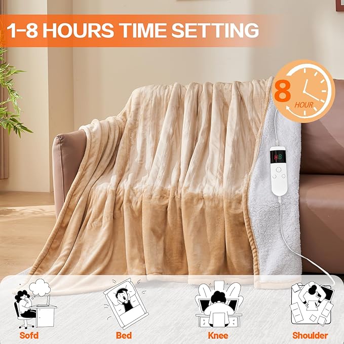 Electric Heated Blanket Throw Size 50''x60''-Control Heating Blanket, Soft & Warm Flannel 10-Level Temperature Control, 8 Hours Auto Off, Rapid Heating & Overheat Protection