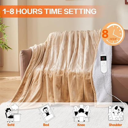 Electric Heated Blanket Throw Size 50''x60''-Control Heating Blanket, Soft & Warm Flannel 10-Level Temperature Control, 8 Hours Auto Off, Rapid Heating & Overheat Protection