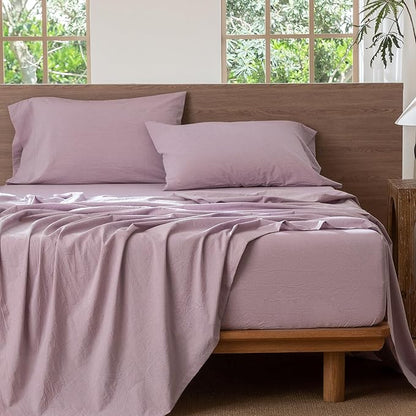 MooMee Bedding Sheet Set 100% Washed Cotton Linen Like Textured Breathable Durable Soft Comfy (Heathered Light Purple, Twin)