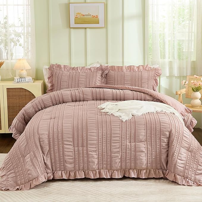 WONGS BEDDING Pink Comforter Set Queen,3 Pieces Ruffle Farmhouse Shabby Chic Boho Comforter for Queen Bed,Soft Seersucker Textured Bedding Set with 1 Ruffle Comforter,2 Tufted Pillowcases 90"×90"