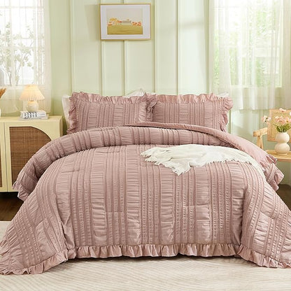 WONGS BEDDING Comforter Full Size, Pink Ruffle Comforter for Full Bed for Dorm Room Essentials, Soft Seersucker Textured Bedding Set Full Size Comforter Sets for Girls 90"×78"