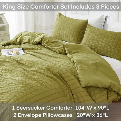 AveLom Olive Green Seersucker King Comforter Set - 104x90, 2 Pillowcases 20x36