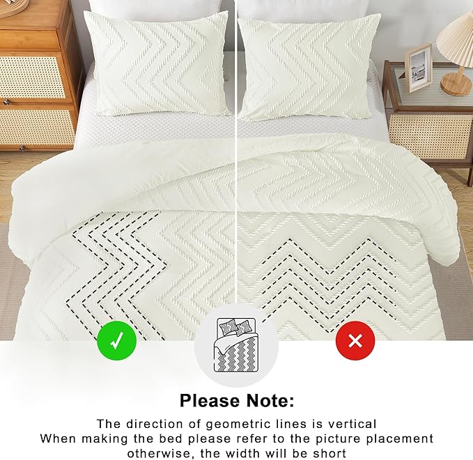 Andency Ivory Comforter Set Queen Size, Boho Soft Warm Tufted Bedding Comforter Sets for Queen Size Bed, 3 Pieces Aesthetic Chevron Farmhouse Cute Bohemian Textured Bed Set