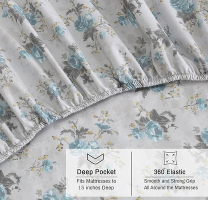 RUVANTI 100% Organic Cotton Sheets Split King, Percale Weave, GOTS Certified, 5-Piece Set, Deep Pocket 15", Crisp & Breathable, Soft Durable Bedding, Sábanas Algodón Orgánico – Blue Rose