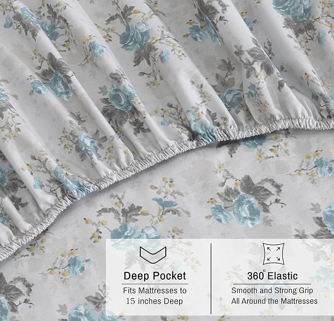 RUVANTI 100% Organic Cotton Sheets Queen Size, Percale Weave, GOTS Certified, 4-Piece Set, Deep Pocket 15", Crisp & Breathable, Soft Durable Bedding, Sábanas Algodón Orgánico – Blue Rose