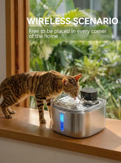 5L Smart Cat Dog Water Fountain, Stainless Wireless Dog Water Bowl | 5L wireless cat dog fountain for small dogs and multi-cat homes, sensor flow, quiet use, 4000mAh battery ,8 filter set