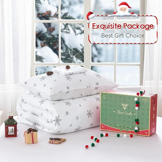 COTTEBED Snowflakes Christmas Comforter Queen, Snow White Warm Winter Comforter Sets Full Size Bedding Down Alternative with Pillowsham, Super Soft Cozy Brushed Lightweight but Warmth Polycotton Gift