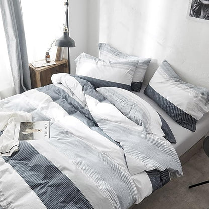 mixinni Farmhouse Queen Gray Striped Comforter Set Queen Size Bed Fluffy Geometric Pattern Comforter for Boys Men, 1 Geometric Comforter and 2 Pillow Shams, All Season-Queen Size