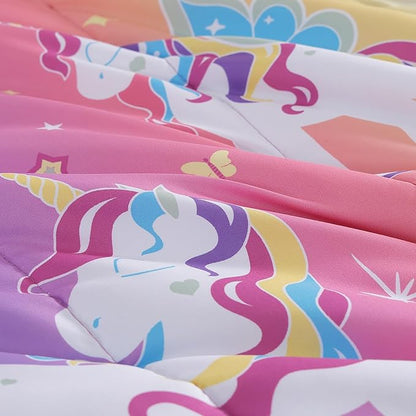 Twin Comforter Set for Girls-3 Pieces Rainbow Unicorn Twin Bedding Sets for Kids,1 Comforter,1 Sham and 1 Decor Pillow
