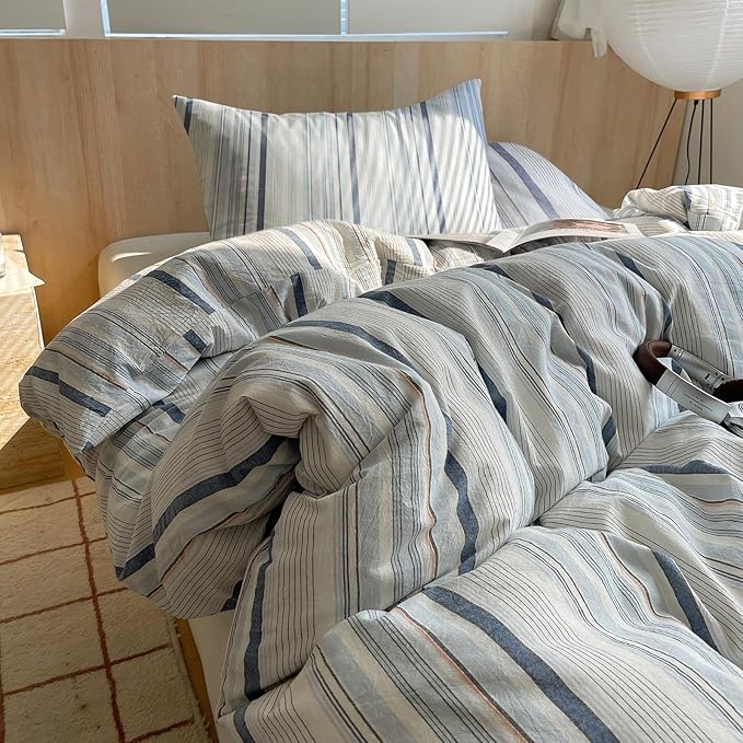 EAVD Modern Style Striped Duvet Cover Queen 100% Washed Cotton Colorful Wide and Pinstriped Bedding Duvet Cover Set with 2 Pillowcases Farmhouse Geometric Bedding Set with Zipper for All-Season