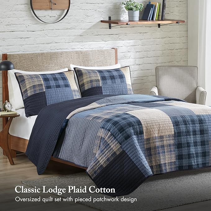 WOOLRICH Quilt Set Patchwork Channel Quilting, Cottage Coverlet for Twin Size Bed All Seasons, Lightweight Prewashed Cotton Coverlet Bedspread, Shams, Winter Hills,Oversized King/Cal King Blue 3 Piece