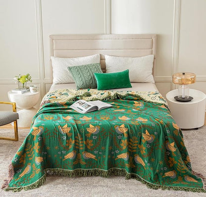 MSGKV Boho Throw Blanket 100% Cotton Green Blanket 90''x 98'' Spring Reversible Blankets with Tassels Warm Soft Blanket for Bed Sofa Living Room