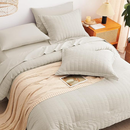 CozyLux Full Size Comforter Sets with Sheets 7 Pieces, Oatmeal Seersucker Bed in a Bag Textured Luxury Soft Bedding Sets with Down Alternative Comforter, Sheets, Pillowcases & Shams for All Season