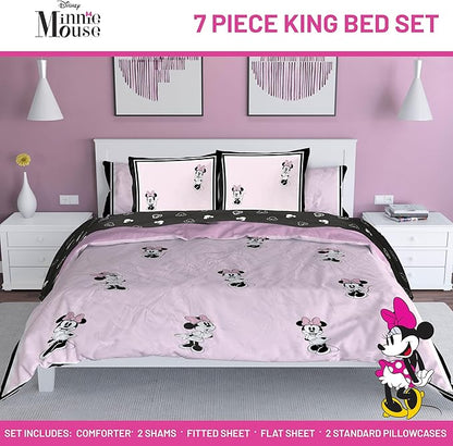 Jay Franco Kids Comforter Set Includes Sheets and Pillow Covers - Soft and Cozy Bed Set for Stylish Room Decor, Official Licensed Bedding, Multi - Minnie Mouse, 7 Piece King