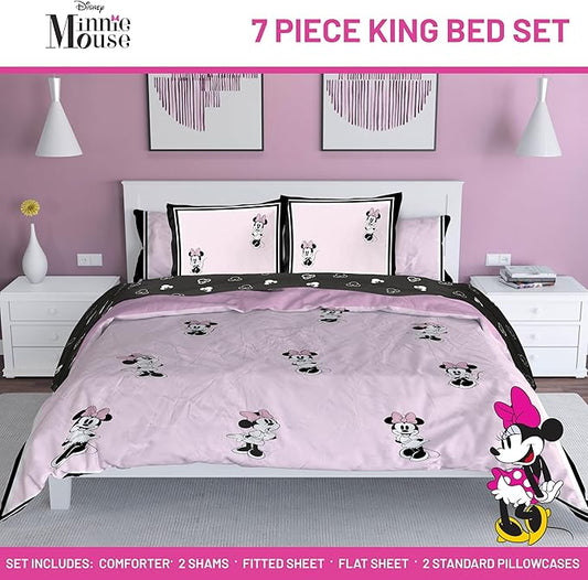Jay Franco Kids Comforter Set Includes Sheets and Pillow Covers - Soft and Cozy Bed Set for Stylish Room Decor, Official Licensed Bedding, Multi - Minnie Mouse, 7 Piece King