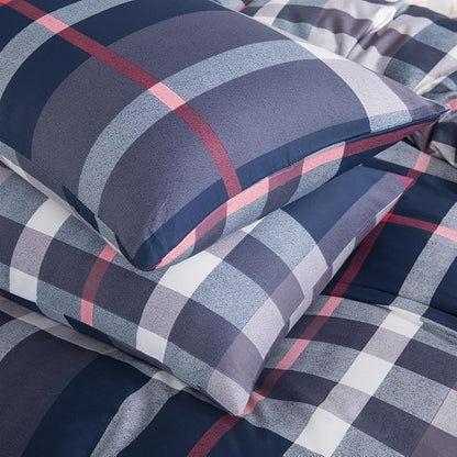 CLOTHKNOW Blue Plaid Queen Comforter Set Tartan Buffalo Bedding Comforter Sets Soft Grid Comforter with 2 x Pillow Cases