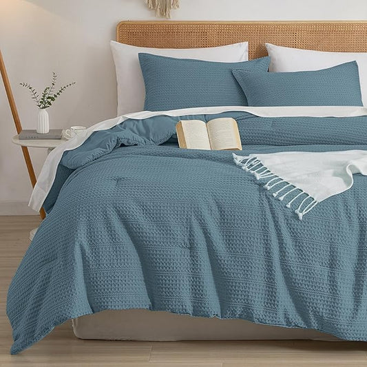 PHF Soft Waffle Comforter Set Queen Size- Comfy Breathable Waffle Weave Comforter with 2 Pillow Shams, 3 Pieces Less Snagging Lightweight Textured Bedding Set for All Season, Stormy Blue