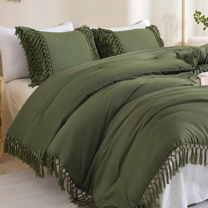 Andency Olive Green Comforter Set King, 3 Pieces Boho Tassel Lightweight Soft Bedding Comforter Sets for King Bed, All Season Fluffy Fringe Bed Set (104x90In Comforter & 2 Pillowcases)