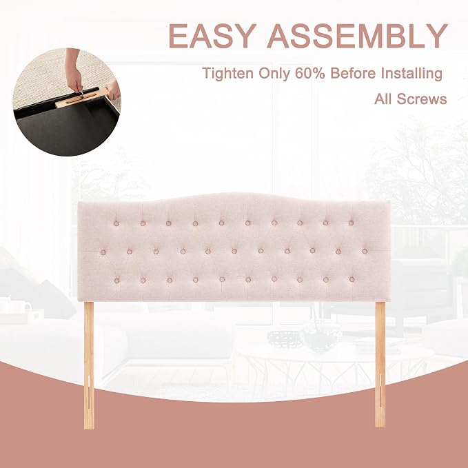 Tufted Headboard California King Size, Sturdy Solid Wood Head Board, Pink | Upholstered California King Headboard with Solid Wood Legs, Adjustable Height 37-51 in, Fabric Button Diamond HeadBoards