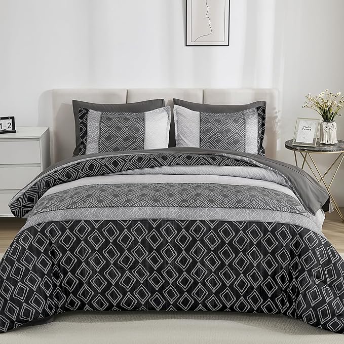 California King Comforter Set Size, Black Gray Striped Cali King Bed Set Fall Bedding Sets for Men,7 Pieces Boho Bed in a Bag Comforters with Sheets Dark Grey for All Season