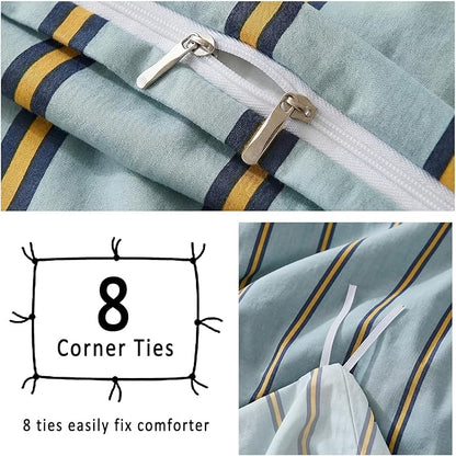 Merryword Green & Orange Striped Duvet Cover Set Queen Size, 100% Cotton Bedding Set with Zipper Closure & 8 Corner Ties, Luxury Linen Like Bedding, Soft Breathable Comforter Cover for All Seasons