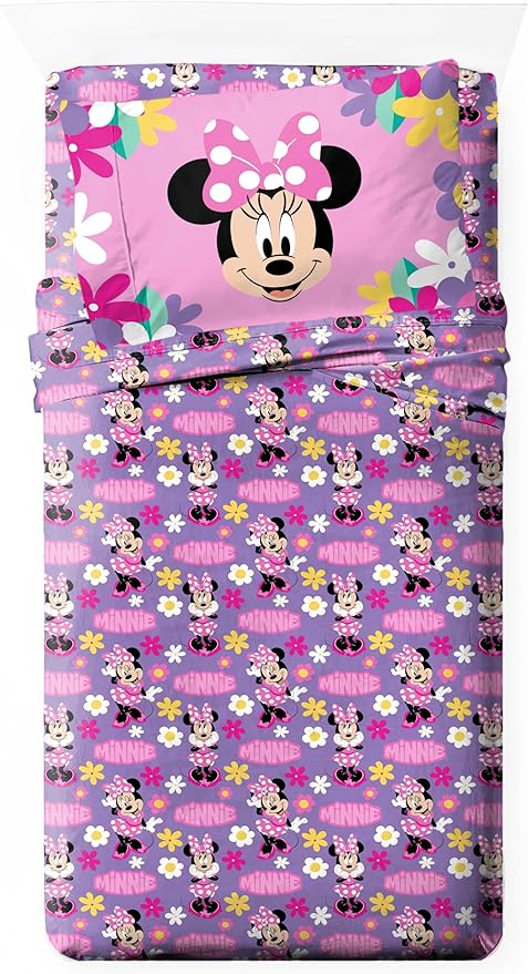 Jay Franco Kids Sheet Set with Fitted, Flat Sheets & Pillow Cover - Ultra-Soft Bedding with Pillowcase for Room Decor, Purple - Minnie Mouse, 3 Piece Twin