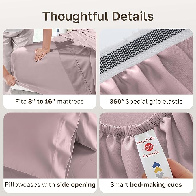 California Design Den Thick and Natural 100% Cotton Sheets Queen Size Set - 1000 Thread Count Sateen, Deep Pocket Queen Sheets, Durable Bedding - Sepia Rose