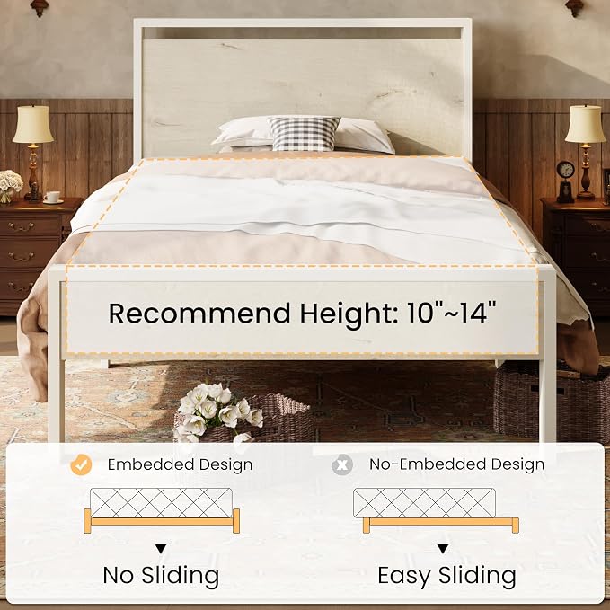 SHA CERLIN 14 Inch Twin Metal Platform Bed Frame with Wooden Headboard and Footboard, No Box Spring Needed, Large Under Bed Storage, Heavy Duty Slats Support, White Washed Oak