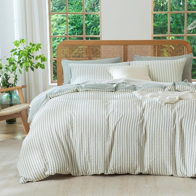 King Size Comforter Set Striped Soft Luxury Washed Microfiber Jacquard 3 Pieces Bedding, Grayish Green Vertical Ticking Stripes Pattern Comforter with 2 Pillowcases Breathable Durable Comfy