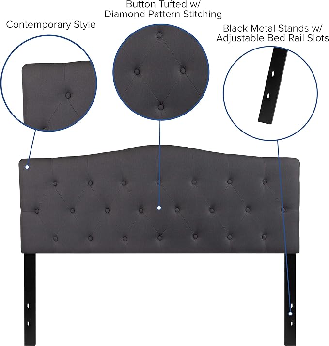 EMMA + OLIVER Arched Button Tufted Queen Size Headboard in Dark Gray Fabric