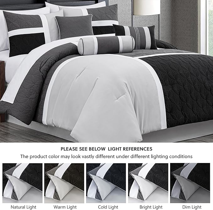 Chezmoi Collection Upland 7-Piece Quilted Patchwork Comforter Set, Black/Gray/Light Gray, Full