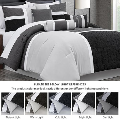 Chezmoi Collection Upland 7-Piece Quilted Patchwork Comforter Set, Black/Gray/Light Gray, California King
