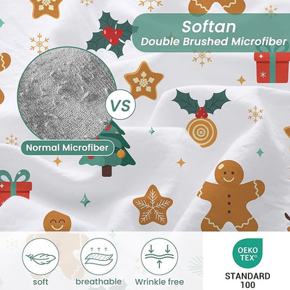 Softan Christmas Holiday Twin Size Sheet Set,3-Piece Printed Microfiber Fitted Bed Sheet with 15" Deep Pocket & Non-Slip Straps, Snowflake Reindeer Patterned Sheets & Pillowcase Set