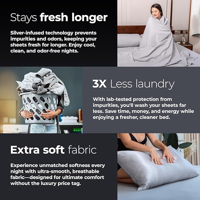 Silvery Silver Infused Bed Sheets Set - Ultra-Soft Temperature-Regulating Fabric with Self-Cleaning Technology™ That Stays Fresh 3X Longer for Hygienic Sleep (Gray, Full)