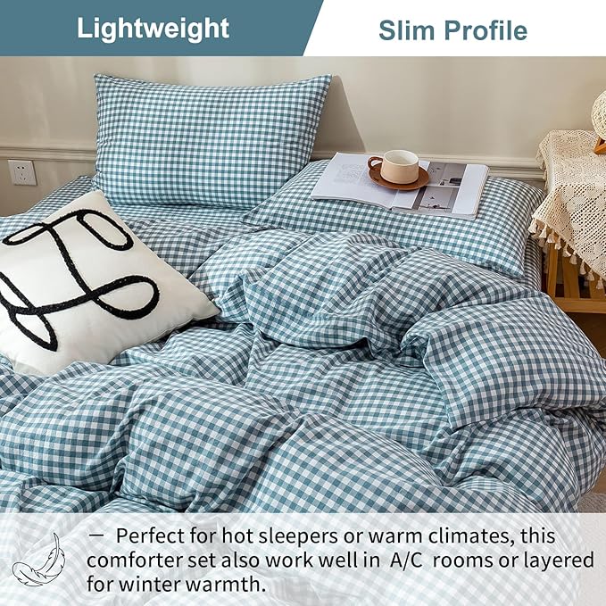EAVD Blue Gingham Comforter Set Queen Soft Fluffy White and Blue Plaid Bedding Set with 2 Pillowcases Modern Grid Plaid Comforter Set Reversible Farmhouse Gingham Bedding Set for All-Season