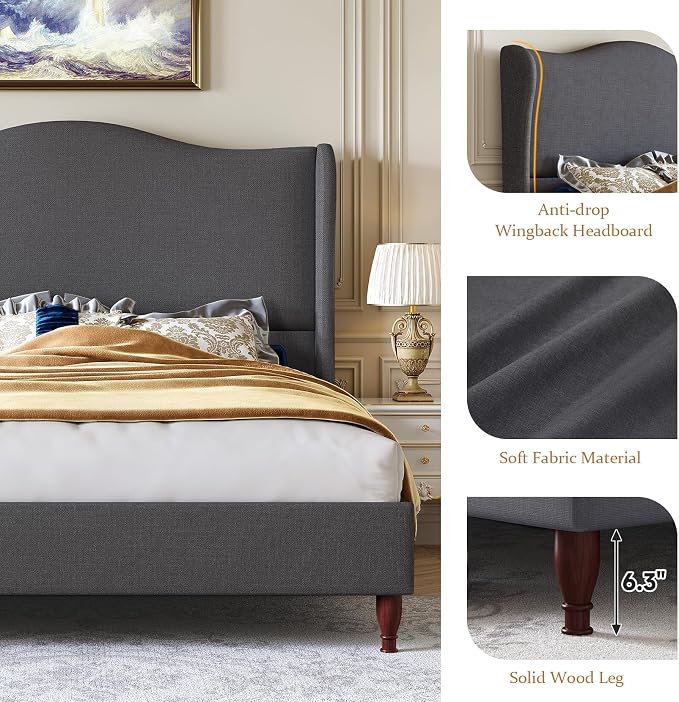 koorlian Full Size Upholstered Bed Frame with 51'' Tall Headboard, Grey | Reinforced Platform Bed, Easy Assembly, Soft Fabric, Sleigh Wingback, Solid Wood Retro Legs, Noise-Free, Classic & Simple