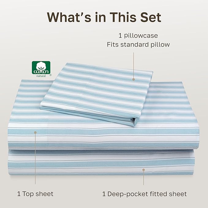 California Design Den Deep Pocket Twin Sheets Set - 400 Thread Count Sateen, Natural 100% Cotton Sheets, and Durable Bedding Set - Cape Stripe