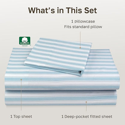 California Design Den Deep Pocket Twin Sheets Set - 400 Thread Count Sateen, Natural 100% Cotton Sheets, and Durable Bedding Set - Cape Stripe