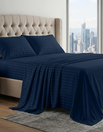 LANE LINEN 100% Egyptian Cotton Queen Sheet Set,15 inch Deep Pocket Fully Elasticized French Reinforced Pocket Seam for Soft, Comfy & Fresh Bed Eco Friendly Cooling Sheets Queen Damask Stripe - Navy