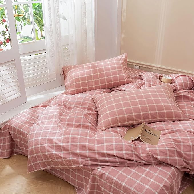 EAVD Modern Style White and Pink Grid Plaid Duvet Cover Twin Soft Cotton Reversible Checkered Plaid Bedding Set for Girls with 2 Pillowcases Simple Style Geometric Duvet Cover with Zipper Closure