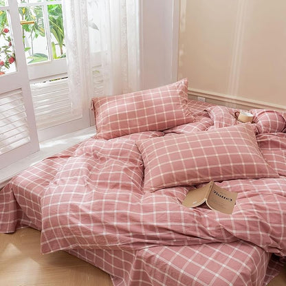 EAVD Modern Style White and Pink Grid Plaid Duvet Cover Twin Soft Cotton Reversible Checkered Plaid Bedding Set for Girls with 2 Pillowcases Simple Style Geometric Duvet Cover with Zipper Closure