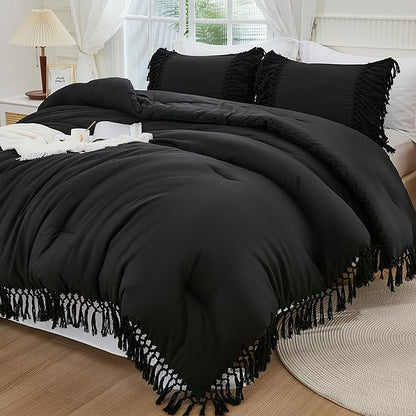 Andency Black Comforter Set California King, 3 Pieces Boho Tassel Lightweight Soft Bedding Comforter Sets for King Bed, All Season Fluffy Fringe Bed Set (104x96In Comforter & 2 Pillowcases)
