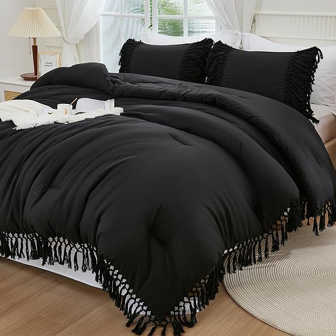 Andency Black Full Size Comforter Set, 3 Pieces Boho Tassel Lightweight Soft Bedding Comforter Sets, All Season Fluffy Fringe Bed Set (79x90In Comforter & 2 Pillowcases)