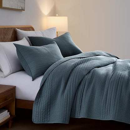 PALASSIO Striped Blue Grey 100% Cotton Quilt California Cal King Size Bedding Sets, Oversized Lightweight Channel Pick Stitch Textured Bedspread Soft Farmhouse Country Coverlet for All Season, 2 Shams