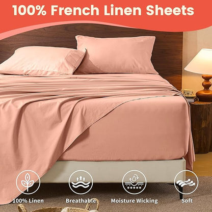 100% Linen Sheet Set Cal King Size Extra Deep Pocket Fits 18-24 Inch Mattress, Breathable & Soft, Smooth 4-Piece Set for Thick Mattresses Hotel Luxury Bedding（Cal King, Light Red）