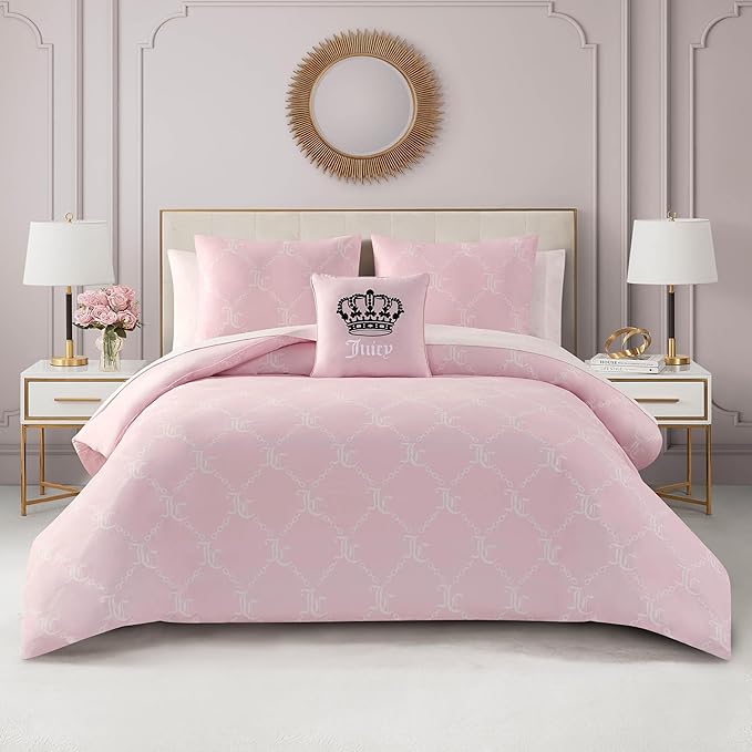 Juicy Couture Light Pink/White Link Logo Printed Comforter Set, Twin – Complete 6-Piece Bed in a Bag Collection