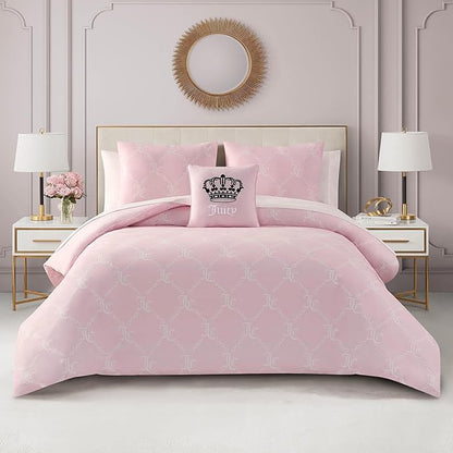 Juicy Couture Light Pink/White Link Logo Printed Comforter Set, King – Complete 8-Piece Bed in a Bag Collection