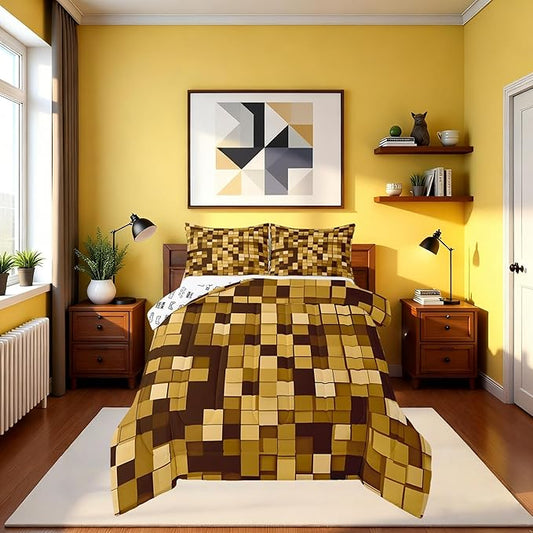 Pixelated Miners GameComforter Set King Size,Geometric Check Video Games Kids Bedding Set,Gamepad Grid Modern Quilt Comforter,Dark Yellow Duvet Insert,2 Pillowcases