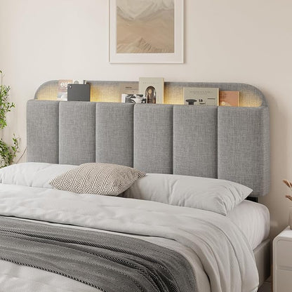 Headboard for Full/Queen Size with LED Light, Upholstered Bed HeadBoard with Storage, Linen Fabric Head Board with Vertical Channel Design, Height Adjustable, Easy to Assemble, Light Grey