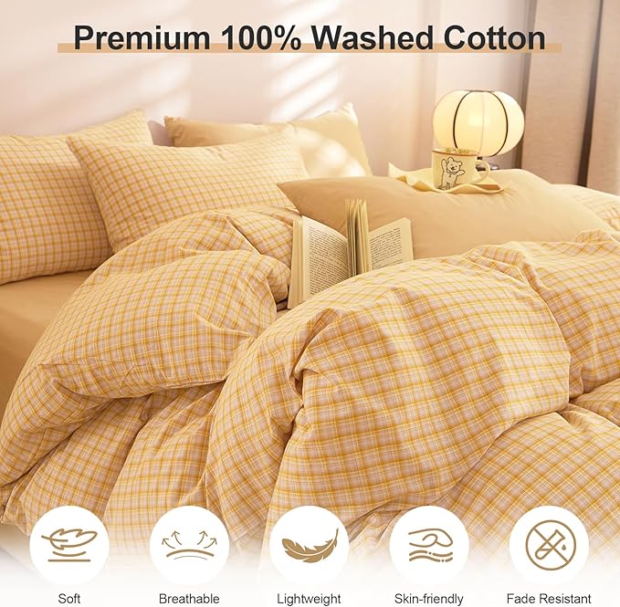 EAVD Yellow Gingham Duvet Cover Full Size Washed Cotton Bedding Set 3 Pieces Grid Plaid Duvet Cover Set Modern Grid Checkered Bedding Set with 2 Pillowcases Farmhouse Gingham Comforter Cover